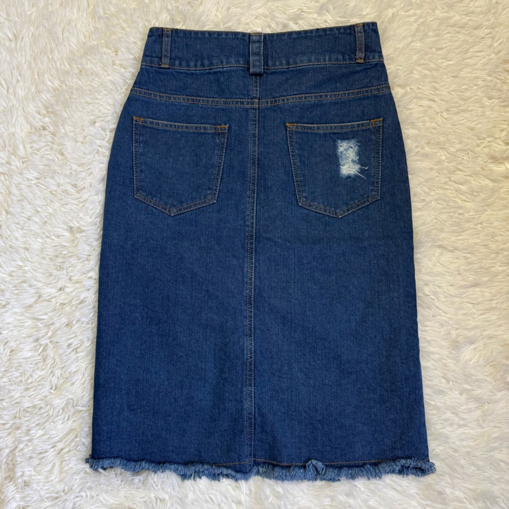 CKlass Denim Midi Skirt Distressed Denim Skirt Knee Length Skirt Midi Je… - Picture 9 of 9